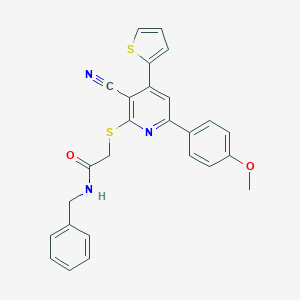 B459919 N-Benzyl-2-[3-cyano-6-(4-methoxy-phenyl)-4-thiophen-2-yl-pyridin-2-ylsulfanyl]-acetamide CAS No. 445381-24-8