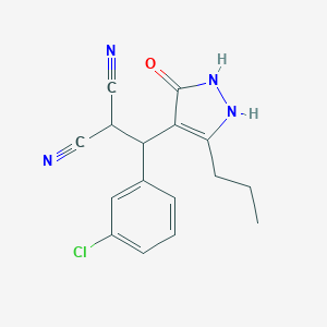 molecular formula C16H15ClN4O B459983 2-[(3-chlorophenyl)(3-hydroxy-5-propyl-1H-pyrazol-4-yl)methyl]malononitrile CAS No. 384801-49-4