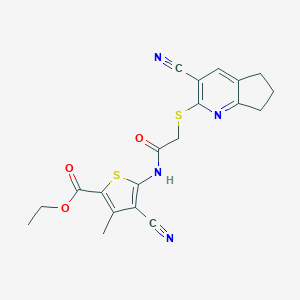 molecular formula C20H18N4O3S2 B460143 ethyl 4-cyano-5-[[2-[(3-cyano-6,7-dihydro-5H-cyclopenta[b]pyridin-2-yl)sulfanyl]acetyl]amino]-3-methylthiophene-2-carboxylate CAS No. 445383-07-3