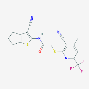 B460163 N-(3-cyano-5,6-dihydro-4H-cyclopenta[b]thiophen-2-yl)-2-[3-cyano-4-methyl-6-(trifluoromethyl)pyridin-2-yl]sulfanylacetamide CAS No. 445383-19-7