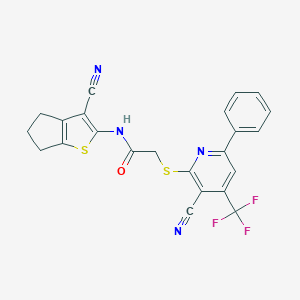 molecular formula C23H15F3N4OS2 B460164 N-(3-cyano-5,6-dihydro-4H-cyclopenta[b]thien-2-yl)-2-{[3-cyano-6-phenyl-4-(trifluoromethyl)-2-pyridinyl]sulfanyl}acetamide CAS No. 445383-23-3