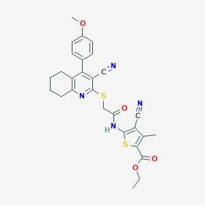 molecular formula C28H26N4O4S2 B460174 ethyl 4-cyano-5-[({[3-cyano-4-(4-methoxyphenyl)-5,6,7,8-tetrahydro-2-quinolinyl]sulfanyl}acetyl)amino]-3-methyl-2-thiophenecarboxylate CAS No. 445383-32-4