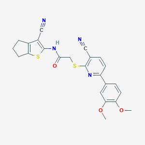 molecular formula C24H20N4O3S2 B460196 N-(3-cyano-5,6-dihydro-4H-cyclopenta[b]thien-2-yl)-2-{[3-cyano-6-(3,4-dimethoxyphenyl)pyridin-2-yl]sulfanyl}acetamide CAS No. 497941-28-3