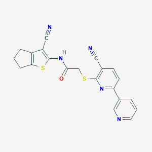 molecular formula C21H15N5OS2 B460219 N-{3-cyano-4H,5H,6H-cyclopenta[b]thiophen-2-yl}-2-({5-cyano-[2,3'-bipyridine]-6-yl}sulfanyl)acetamide CAS No. 497077-96-0