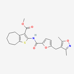 molecular formula C22H24N2O5S B4602778 METHYL 2-[({5-[(3,5-DIMETHYL-4-ISOXAZOLYL)METHYL]-2-FURYL}CARBONYL)AMINO]-5,6,7,8-TETRAHYDRO-4H-CYCLOHEPTA[B]THIOPHENE-3-CARBOXYLATE 