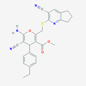 molecular formula C26H24N4O3S B460409 methyl 6-amino-5-cyano-2-{[(3-cyano-6,7-dihydro-5H-cyclopenta[b]pyridin-2-yl)sulfanyl]methyl}-4-(4-ethylphenyl)-4H-pyran-3-carboxylate 