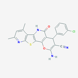 molecular formula C22H15ClN4O2S B460891 4-amino-6-(3-chlorophenyl)-12,14-dimethyl-8-oxo-3-oxa-17-thia-9,15-diazatetracyclo[8.7.0.02,7.011,16]heptadeca-1(10),2(7),4,11(16),12,14-hexaene-5-carbonitrile CAS No. 664999-93-3
