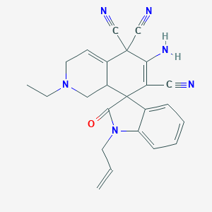 molecular formula C24H22N6O B460903 6-amino-2-ethyl-2,3,8,8a-tetrahydro-5,5,7(1H)-isoquinolinetricarbonitrile-8-spiro-3'-(1'-allyl-1',3'-dihydro-2'H-indol-2'-one) 
