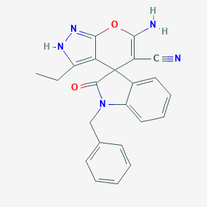 molecular formula C23H19N5O2 B460904 6-amino-3-ethyl-2,4-dihydropyrano[2,3-c]pyrazole-5-carbonitrile -4-spiro-3'-(1'-benzyl-1',3'-dihydro-2'H-indol-2'-one) CAS No. 844835-40-1