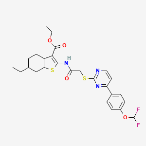 molecular formula C26H27F2N3O4S2 B4609191 ETHYL 2-{[2-({4-[4-(DIFLUOROMETHOXY)PHENYL]-2-PYRIMIDINYL}SULFANYL)ACETYL]AMINO}-6-ETHYL-4,5,6,7-TETRAHYDRO-1-BENZOTHIOPHENE-3-CARBOXYLATE 