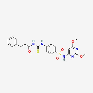 molecular formula C22H23N5O5S2 B4610384 N-{[(4-{[(2,6-dimethoxy-4-pyrimidinyl)amino]sulfonyl}phenyl)amino]carbonothioyl}-3-phenylpropanamide 