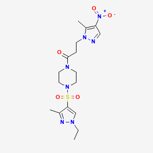 molecular formula C17H25N7O5S B4611340 1-{4-[(1-ETHYL-3-METHYL-1H-PYRAZOL-4-YL)SULFONYL]PIPERAZINO}-3-(5-METHYL-4-NITRO-1H-PYRAZOL-1-YL)-1-PROPANONE 