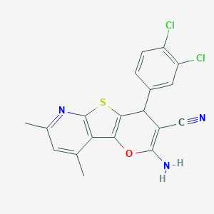 molecular formula C19H13Cl2N3OS B461148 4-amino-6-(3,4-dichlorophenyl)-11,13-dimethyl-3-oxa-8-thia-10-azatricyclo[7.4.0.02,7]trideca-1(9),2(7),4,10,12-pentaene-5-carbonitrile 