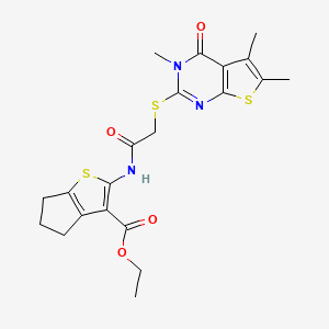 molecular formula C21H23N3O4S3 B4614482 ethyl 2-({[(3,5,6-trimethyl-4-oxo-3,4-dihydrothieno[2,3-d]pyrimidin-2-yl)sulfanyl]acetyl}amino)-5,6-dihydro-4H-cyclopenta[b]thiophene-3-carboxylate 