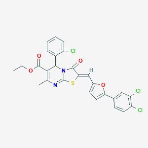 molecular formula C27H19Cl3N2O4S B461643 ETHYL (2Z)-5-(2-CHLOROPHENYL)-2-{[5-(3,4-DICHLOROPHENYL)FURAN-2-YL]METHYLIDENE}-7-METHYL-3-OXO-2H,3H,5H-[1,3]THIAZOLO[3,2-A]PYRIMIDINE-6-CARBOXYLATE 
