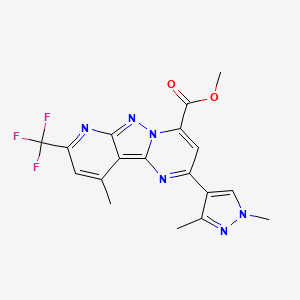 molecular formula C18H15F3N6O2 B4616549 methyl 4-(1,3-dimethylpyrazol-4-yl)-13-methyl-11-(trifluoromethyl)-3,7,8,10-tetrazatricyclo[7.4.0.02,7]trideca-1,3,5,8,10,12-hexaene-6-carboxylate 