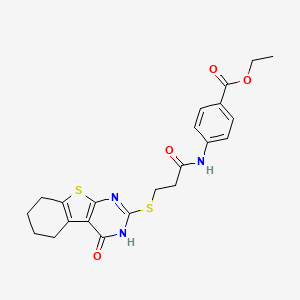 molecular formula C22H23N3O4S2 B4617376 Ethyl 4-({3-[(4-hydroxy-5,6,7,8-tetrahydro[1]benzothieno[2,3-d]pyrimidin-2-yl)sulfanyl]propanoyl}amino)benzoate 