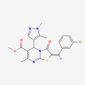 molecular formula C21H19BrN4O3S B4618329 METHYL 2-[(E)-1-(3-BROMOPHENYL)METHYLIDENE]-5-(1,5-DIMETHYL-1H-PYRAZOL-4-YL)-7-METHYL-3-OXO-2,3-DIHYDRO-5H-[1,3]THIAZOLO[3,2-A]PYRIMIDINE-6-CARBOXYLATE 