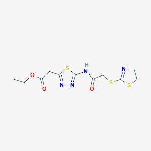molecular formula C11H14N4O3S3 B4621789 Ethyl (5-{[(4,5-dihydro-1,3-thiazol-2-ylsulfanyl)acetyl]amino}-1,3,4-thiadiazol-2-yl)acetate 