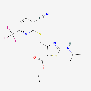 molecular formula C18H19F3N4O2S2 B4622486 ETHYL 4-({[3-CYANO-4-METHYL-6-(TRIFLUOROMETHYL)-2-PYRIDYL]SULFANYL}METHYL)-2-(ISOPROPYLAMINO)-1,3-THIAZOLE-5-CARBOXYLATE 