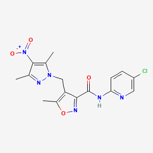molecular formula C16H15ClN6O4 B4627203 N-(5-CHLORO-2-PYRIDYL)-4-[(3,5-DIMETHYL-4-NITRO-1H-PYRAZOL-1-YL)METHYL]-5-METHYL-3-ISOXAZOLECARBOXAMIDE 
