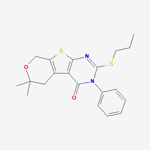 molecular formula C20H22N2O2S2 B462964 12,12-dimethyl-4-phenyl-5-propylsulfanyl-11-oxa-8-thia-4,6-diazatricyclo[7.4.0.02,7]trideca-1(9),2(7),5-trien-3-one CAS No. 351441-09-3