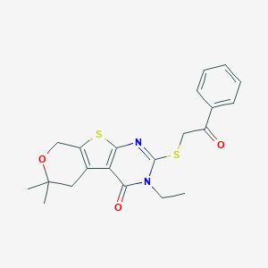 molecular formula C21H22N2O3S2 B463012 4-ethyl-12,12-dimethyl-5-phenacylsulfanyl-11-oxa-8-thia-4,6-diazatricyclo[7.4.0.02,7]trideca-1(9),2(7),5-trien-3-one CAS No. 314041-97-9
