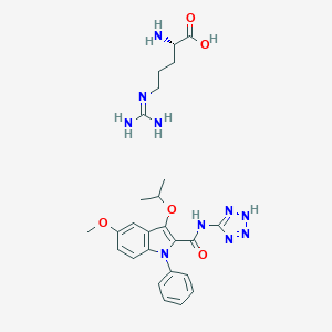 molecular formula C26H34N10O5 B046330 L-Arginine, compd. with 5-methoxy-3-(1-methylethoxy)-1-phenyl-N-1H-tetrazol-5-yl-1H-indole-2-carboxamide (1:1) CAS No. 121530-58-3