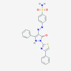 molecular formula C24H18N6O3S2 B463529 4-{2-[(4E)-5-OXO-3-PHENYL-1-(4-PHENYL-1,3-THIAZOL-2-YL)-4,5-DIHYDRO-1H-PYRAZOL-4-YLIDENE]HYDRAZIN-1-YL}BENZENE-1-SULFONAMIDE 