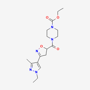 molecular formula C17H25N5O4 B4636584 ethyl 4-{[3-(1-ethyl-3-methyl-1H-pyrazol-4-yl)-4,5-dihydro-5-isoxazolyl]carbonyl}-1-piperazinecarboxylate 