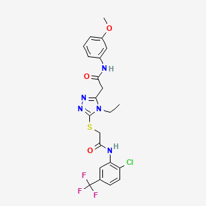 molecular formula C22H21ClF3N5O3S B4642476 2-{5-[(2-{[2-chloro-5-(trifluoromethyl)phenyl]amino}-2-oxoethyl)sulfanyl]-4-ethyl-4H-1,2,4-triazol-3-yl}-N-(3-methoxyphenyl)acetamide 