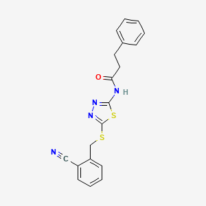molecular formula C19H16N4OS2 B4642536 N-[5-[(2-cyanophenyl)methylsulfanyl]-1,3,4-thiadiazol-2-yl]-3-phenylpropanamide 