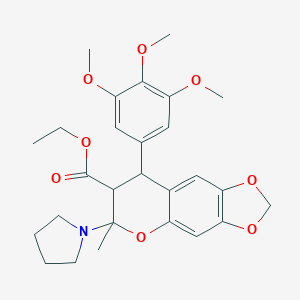 molecular formula C27H33NO8 B046427 Ethyl 6-methyl-6-pyrrolidin-1-yl-8-(3,4,5-trimethoxyphenyl)-7,8-dihydro-[1,3]dioxolo[4,5-g]chromene-7-carboxylate CAS No. 116409-00-8