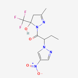 molecular formula C12H14F3N5O4 B4647012 1-[5-HYDROXY-3-METHYL-5-(TRIFLUOROMETHYL)-4,5-DIHYDRO-1H-PYRAZOL-1-YL]-2-(4-NITRO-1H-PYRAZOL-1-YL)-1-BUTANONE 