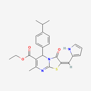 molecular formula C24H25N3O3S B4650575 ethyl (2E)-7-methyl-3-oxo-5-[4-(propan-2-yl)phenyl]-2-(1H-pyrrol-2-ylmethylidene)-2,3-dihydro-5H-[1,3]thiazolo[3,2-a]pyrimidine-6-carboxylate 