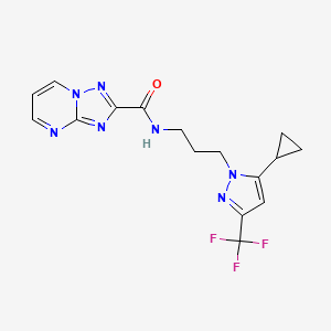 molecular formula C16H16F3N7O B4662169 N~2~-{3-[5-CYCLOPROPYL-3-(TRIFLUOROMETHYL)-1H-PYRAZOL-1-YL]PROPYL}[1,2,4]TRIAZOLO[1,5-A]PYRIMIDINE-2-CARBOXAMIDE 