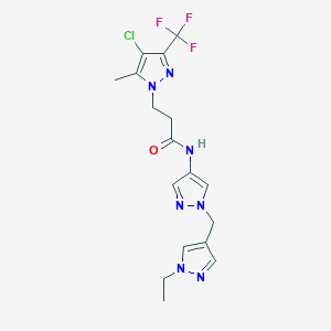 molecular formula C17H19ClF3N7O B4663552 3-[4-CHLORO-5-METHYL-3-(TRIFLUOROMETHYL)-1H-PYRAZOL-1-YL]-N~1~-{1-[(1-ETHYL-1H-PYRAZOL-4-YL)METHYL]-1H-PYRAZOL-4-YL}PROPANAMIDE 