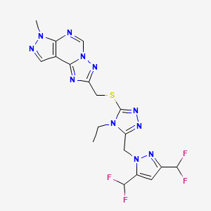 molecular formula C18H17F4N11S B4668346 2-{[(5-{[3,5-bis(difluoromethyl)-1H-pyrazol-1-yl]methyl}-4-ethyl-4H-1,2,4-triazol-3-yl)sulfanyl]methyl}-7-methyl-7H-pyrazolo[4,3-e][1,2,4]triazolo[1,5-c]pyrimidine 