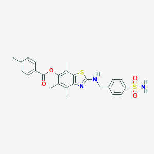 molecular formula C25H25N3O4S2 B046721 4,5,7-Trimethyl-2-[(4-sulfamoylbenzyl)amino]-1,3-benzothiazol-6-yl 4-methylbenzoate CAS No. 120181-26-2