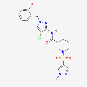 molecular formula C20H22ClFN6O3S B4676284 N~3~-[4-CHLORO-1-(2-FLUOROBENZYL)-1H-PYRAZOL-3-YL]-1-[(1-METHYL-1H-PYRAZOL-4-YL)SULFONYL]-3-PIPERIDINECARBOXAMIDE 