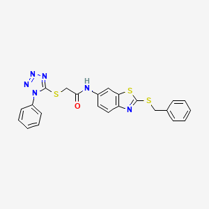 molecular formula C23H18N6OS3 B4680355 N-[2-(benzylsulfanyl)-1,3-benzothiazol-6-yl]-2-[(1-phenyl-1H-tetrazol-5-yl)sulfanyl]acetamide CAS No. 5985-22-8