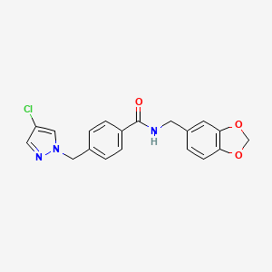 molecular formula C19H16ClN3O3 B4680441 N-(1,3-benzodioxol-5-ylmethyl)-4-[(4-chloro-1H-pyrazol-1-yl)methyl]benzamide 