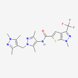 molecular formula C20H22F3N7OS B4680690 N-{3,5-dimethyl-1-[(1,3,5-trimethyl-1H-pyrazol-4-yl)methyl]-1H-pyrazol-4-yl}-1-methyl-3-(trifluoromethyl)-1H-thieno[2,3-c]pyrazole-5-carboxamide 