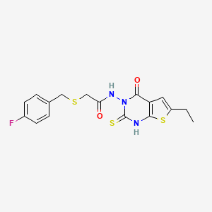 molecular formula C17H16FN3O2S3 B4682714 N-(6-ethyl-2-mercapto-4-oxothieno[2,3-d]pyrimidin-3(4H)-yl)-2-[(4-fluorobenzyl)thio]acetamide 