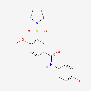 molecular formula C18H19FN2O4S B4683026 N-(4-fluorophenyl)-4-methoxy-3-pyrrolidin-1-ylsulfonylbenzamide 