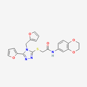 molecular formula C21H18N4O5S B4686307 N-(2,3-dihydro-1,4-benzodioxin-6-yl)-2-{[5-(furan-2-yl)-4-(furan-2-ylmethyl)-4H-1,2,4-triazol-3-yl]sulfanyl}acetamide 