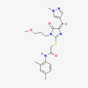 molecular formula C22H27N5O3S B4687728 N-(2,4-DIMETHYLPHENYL)-2-({1-(3-METHOXYPROPYL)-4-[(E)-1-(1-METHYL-1H-PYRAZOL-4-YL)METHYLIDENE]-5-OXO-4,5-DIHYDRO-1H-IMIDAZOL-2-YL}SULFANYL)ACETAMIDE 