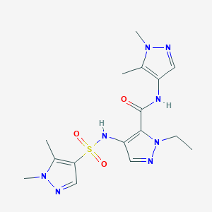 molecular formula C16H22N8O3S B4689036 N~5~-(1,5-DIMETHYL-1H-PYRAZOL-4-YL)-4-{[(1,5-DIMETHYL-1H-PYRAZOL-4-YL)SULFONYL]AMINO}-1-ETHYL-1H-PYRAZOLE-5-CARBOXAMIDE 