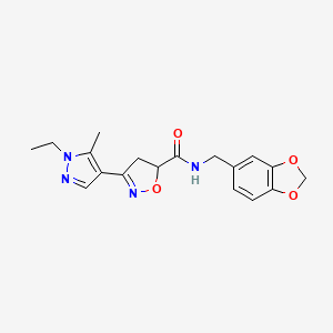 molecular formula C18H20N4O4 B4696925 N-(1,3-benzodioxol-5-ylmethyl)-3-(1-ethyl-5-methyl-1H-pyrazol-4-yl)-4,5-dihydro-1,2-oxazole-5-carboxamide 