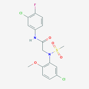 molecular formula C16H15Cl2FN2O4S B4699314 N-(3-chloro-4-fluorophenyl)-2-(5-chloro-2-methoxy-N-methylsulfonylanilino)acetamide 